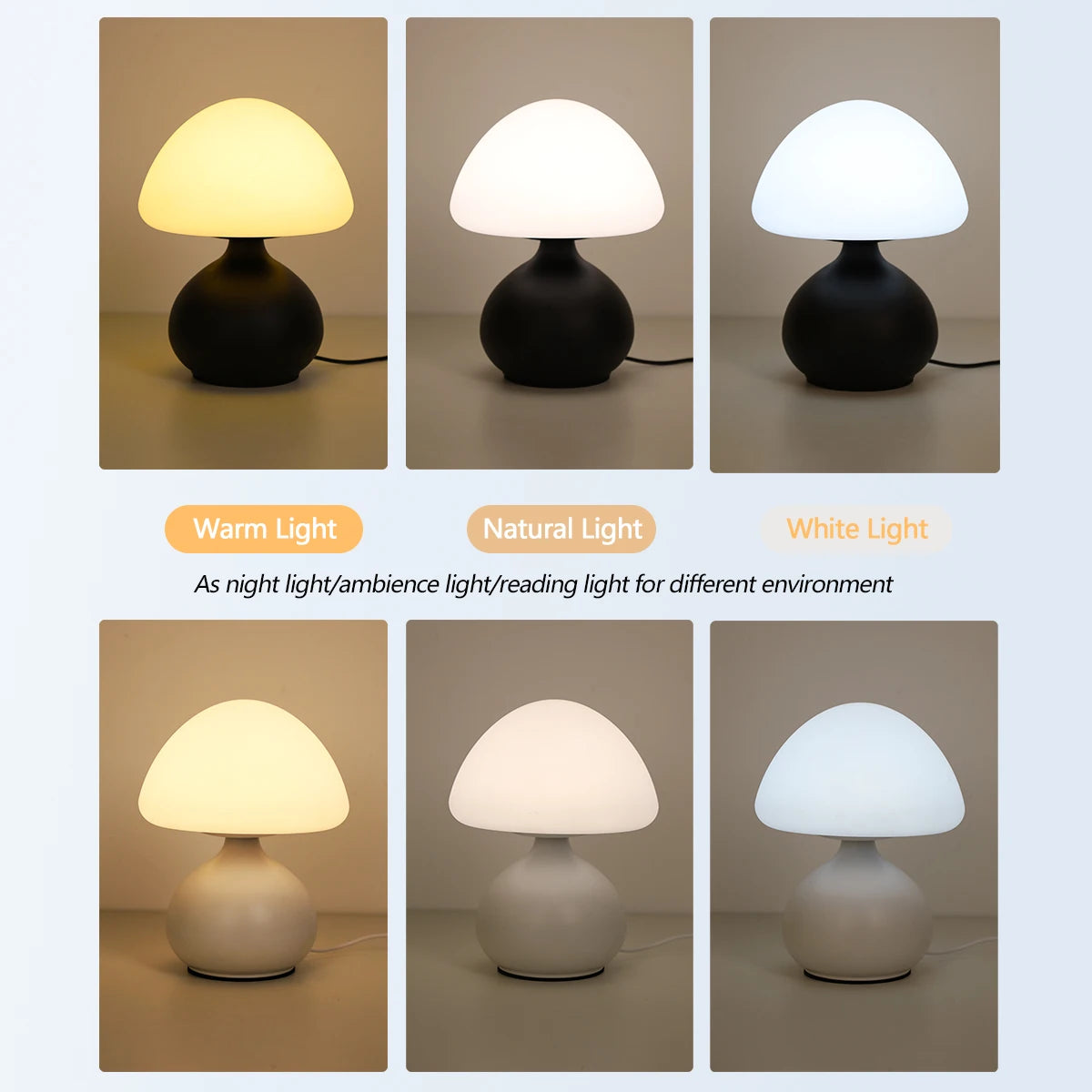 Lampe de table champignon à 3 couleurs avec gradation pour chambre et salon