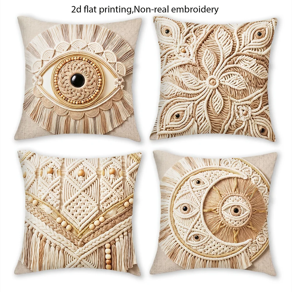 Housses de coussin style macramé bohème — Lot de 4, motif œil porte-bonheur