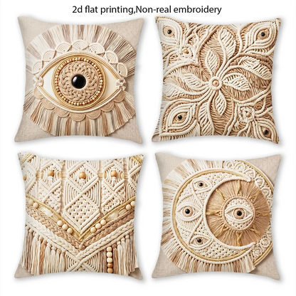 Housses de coussin style macramé bohème — Lot de 4, motif œil porte-bonheur