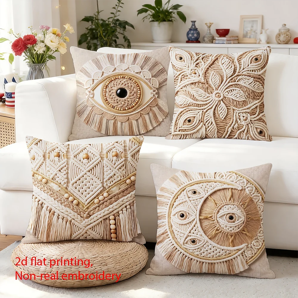 Housses de coussin style macramé bohème, lot de 4 avec motif œil porte-bonheur