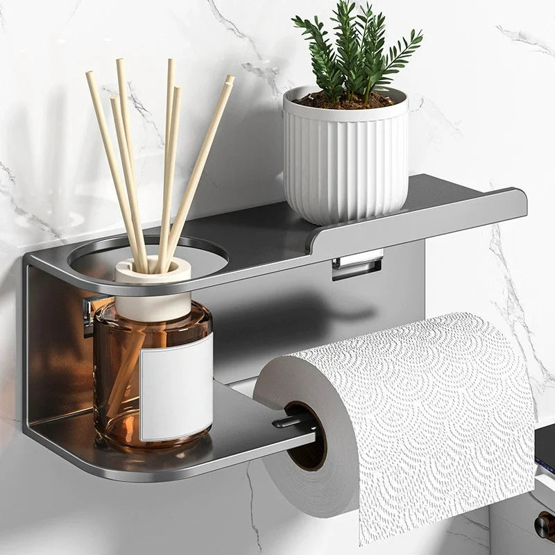 Porte-papier toilette auto-adhésif en inox avec étagère pour téléphone