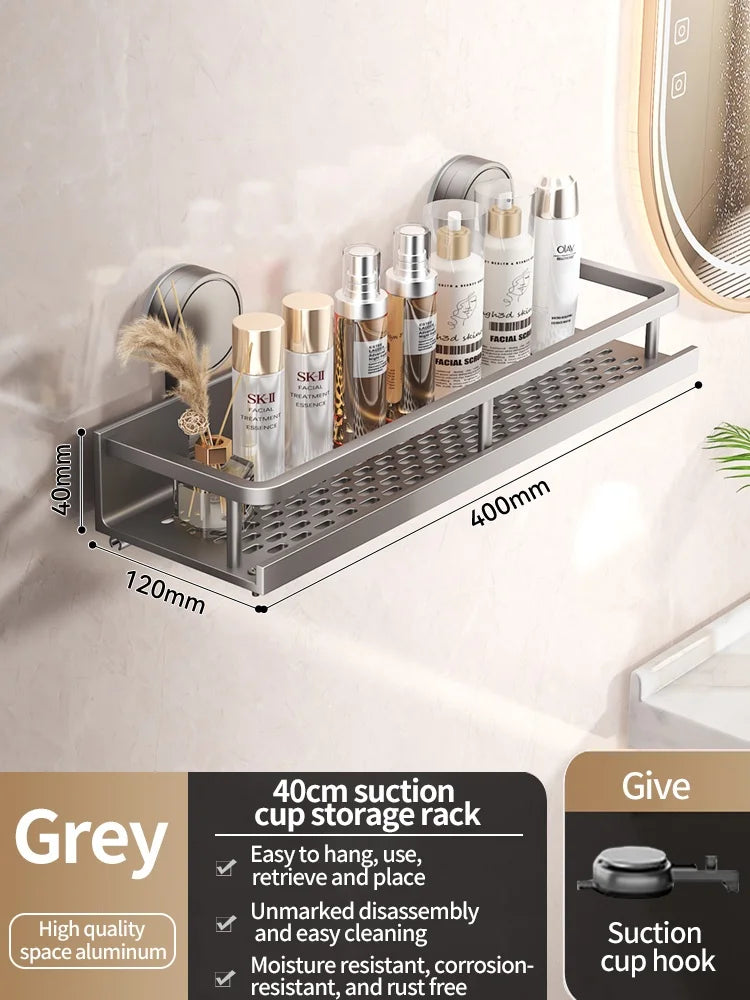 Étagère salle de bain sans perçage — Fixation ventouse, aluminium