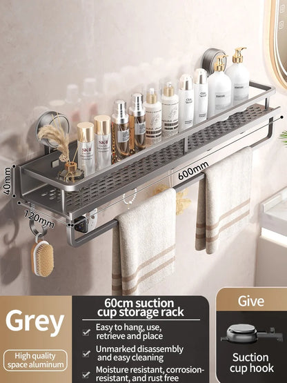 Étagère salle de bain sans perçage — Fixation ventouse, aluminium