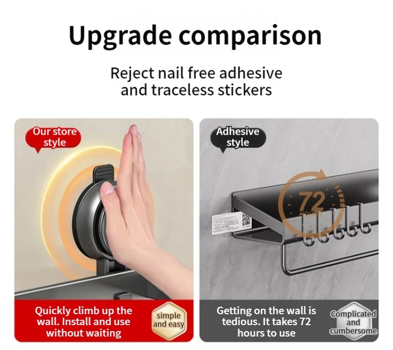 Étagère salle de bain sans perçage — Fixation ventouse, aluminium