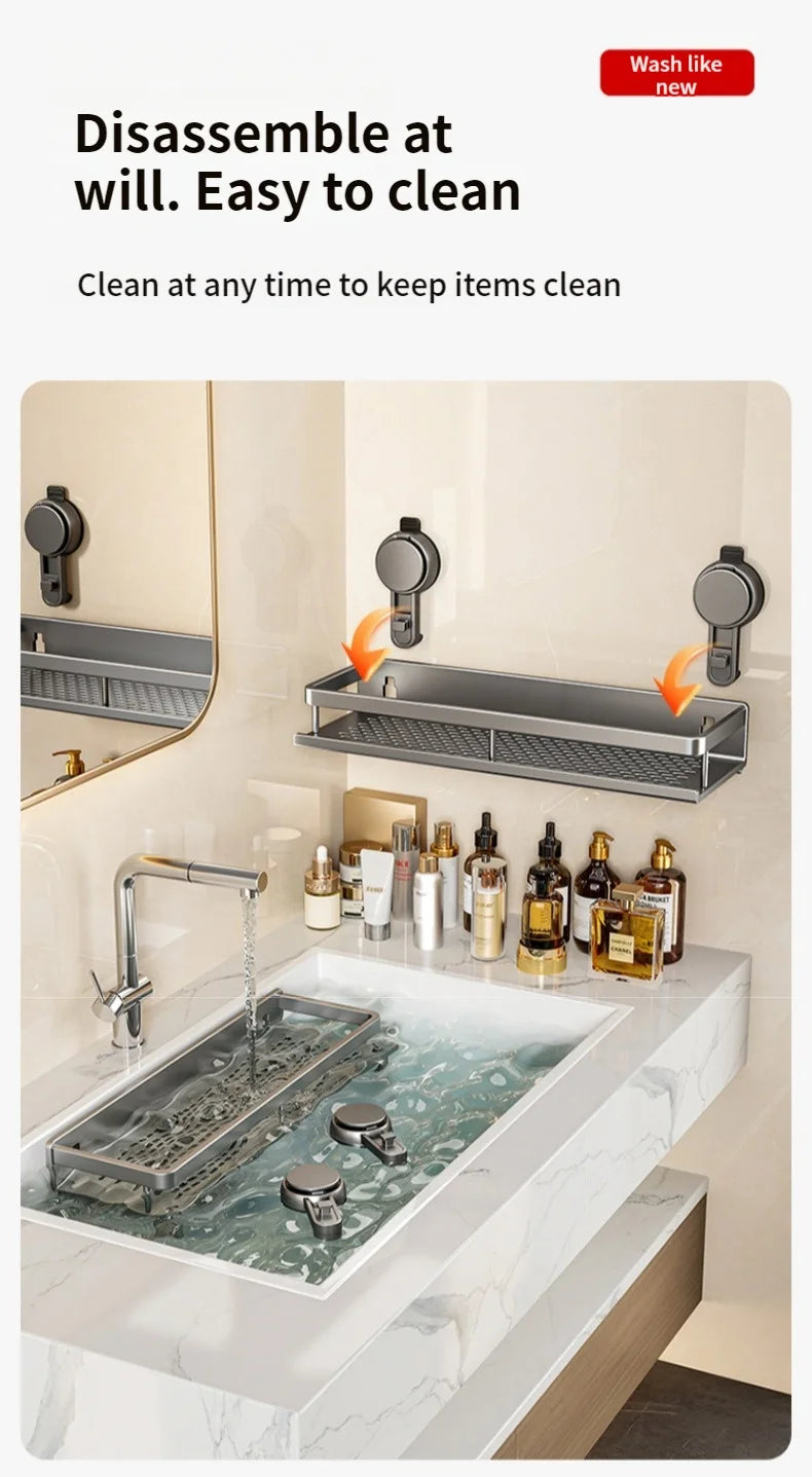 Étagère salle de bain sans perçage — Fixation ventouse, aluminium