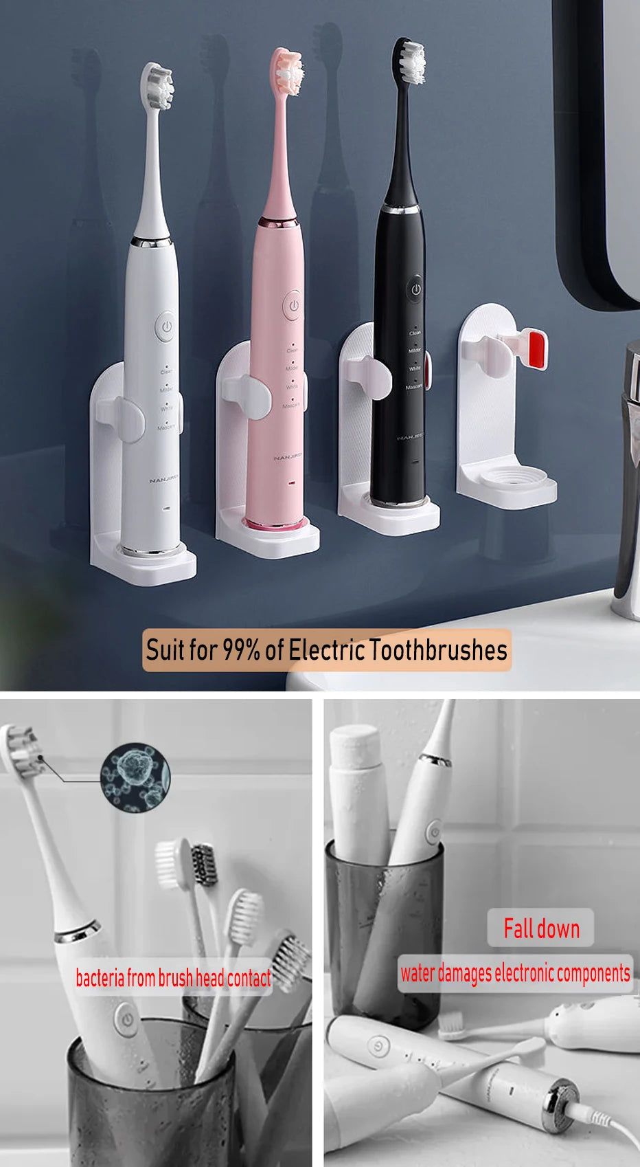 Support porte-brosse à dents électrique réglable avec base en silicone antidérapante