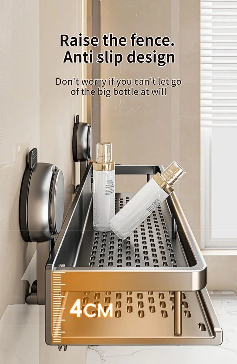 Étagère salle de bain sans perçage — Fixation ventouse, aluminium
