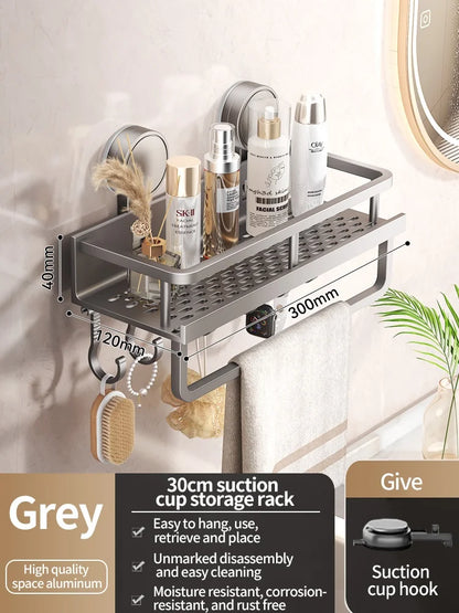 Étagère salle de bain sans perçage — Fixation ventouse, aluminium