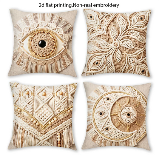 Housses de coussin style macramé bohème, lot de 4 avec motif œil porte-bonheur