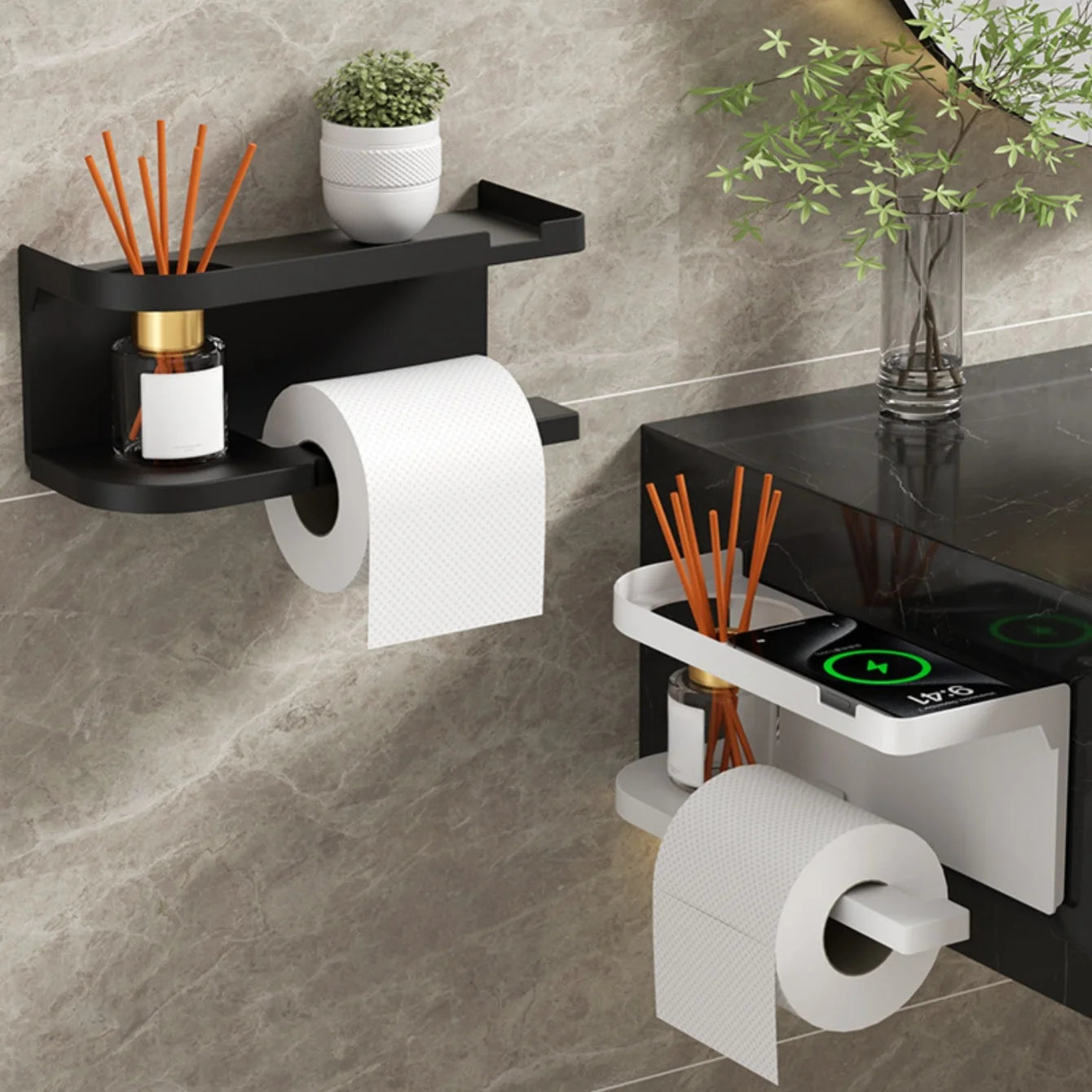 Porte-papier toilette auto-adhésif en inox avec étagère pour téléphone, sans perçage