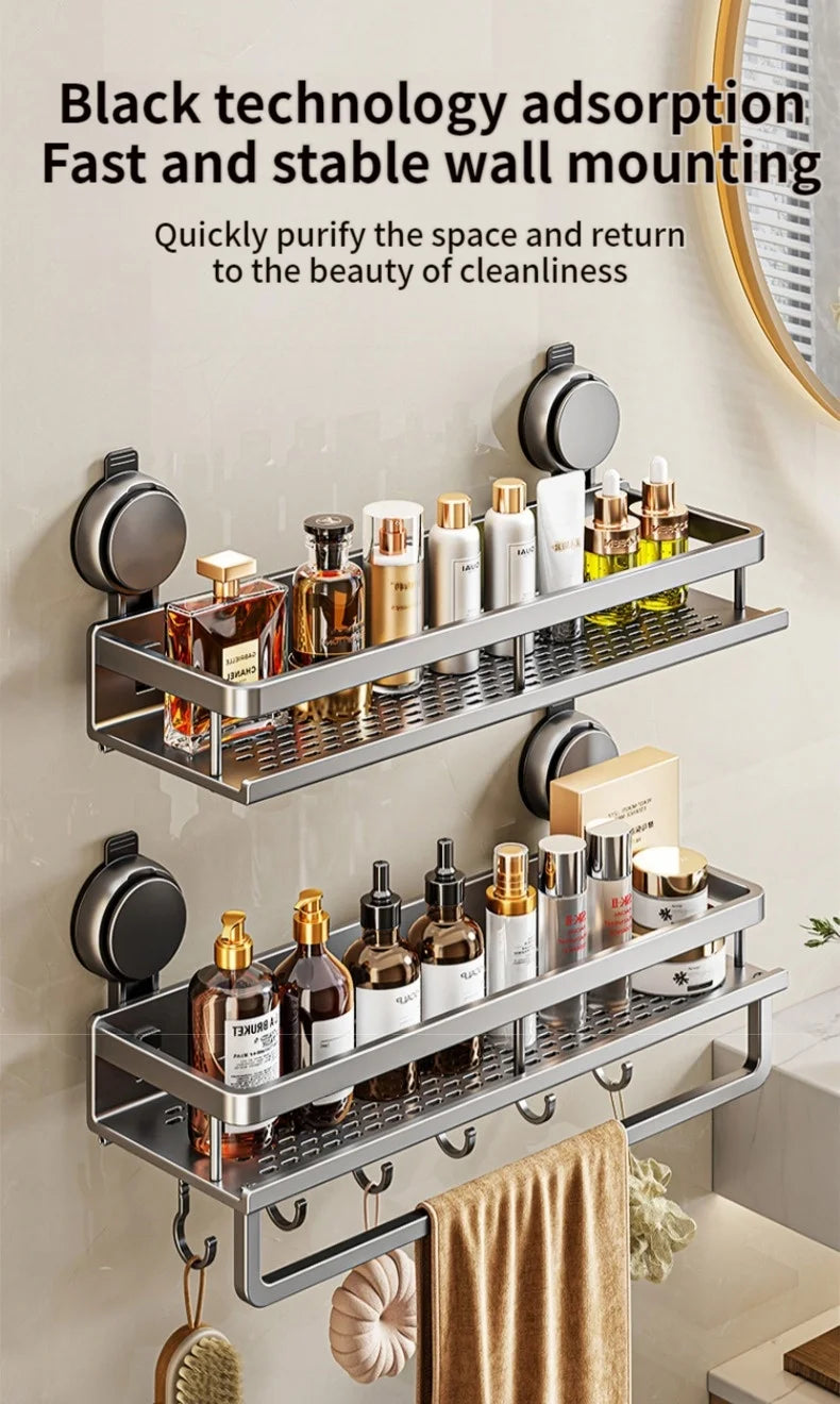 Étagère salle de bain sans perçage — Fixation ventouse, aluminium