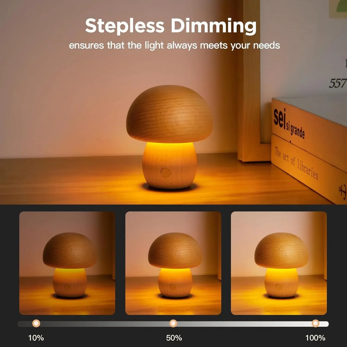 Lampe de chevet champignon tactile rechargeable — Veilleuse portable à intensité variable