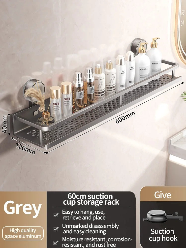 Étagère salle de bain sans perçage — Fixation ventouse, aluminium