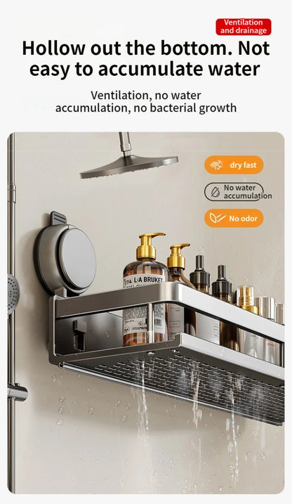 Étagère salle de bain sans perçage — Fixation ventouse, aluminium