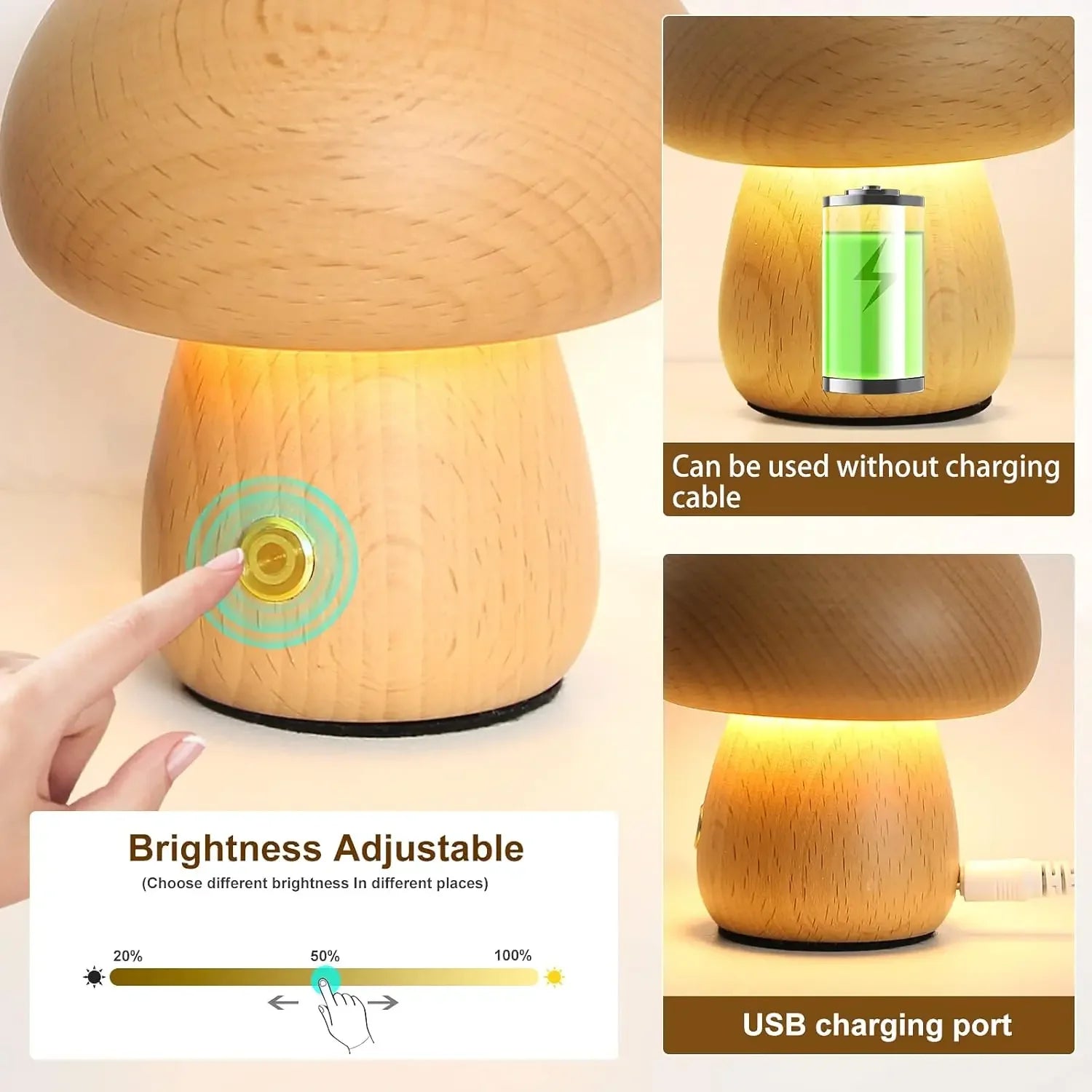 Lampe de chevet champignon tactile rechargeable, veilleuse portable sans fil