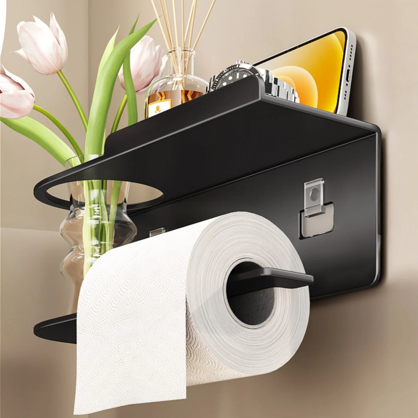 Porte-papier toilette auto-adhésif en inox avec étagère pour téléphone, sans perçage
